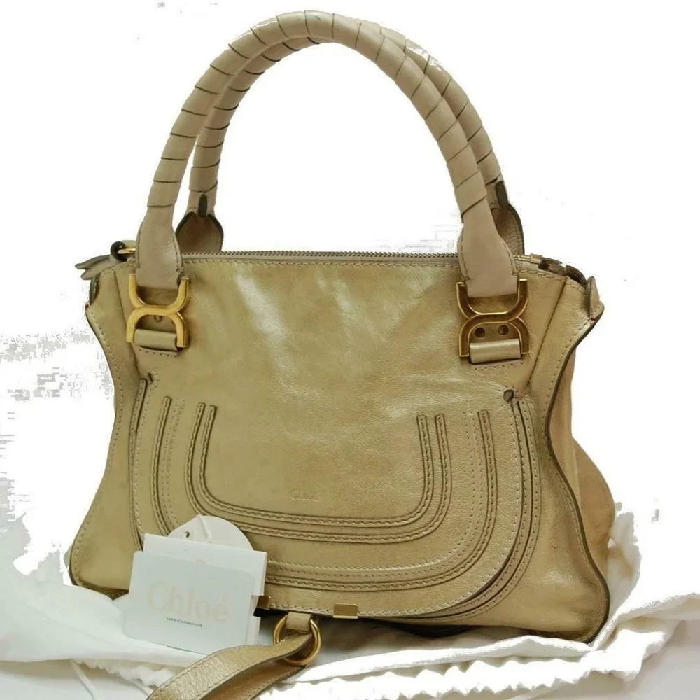 Auth Chloe Marcie Medium Shoulder Bag Leather Peal Gold - Picture 1 of 15